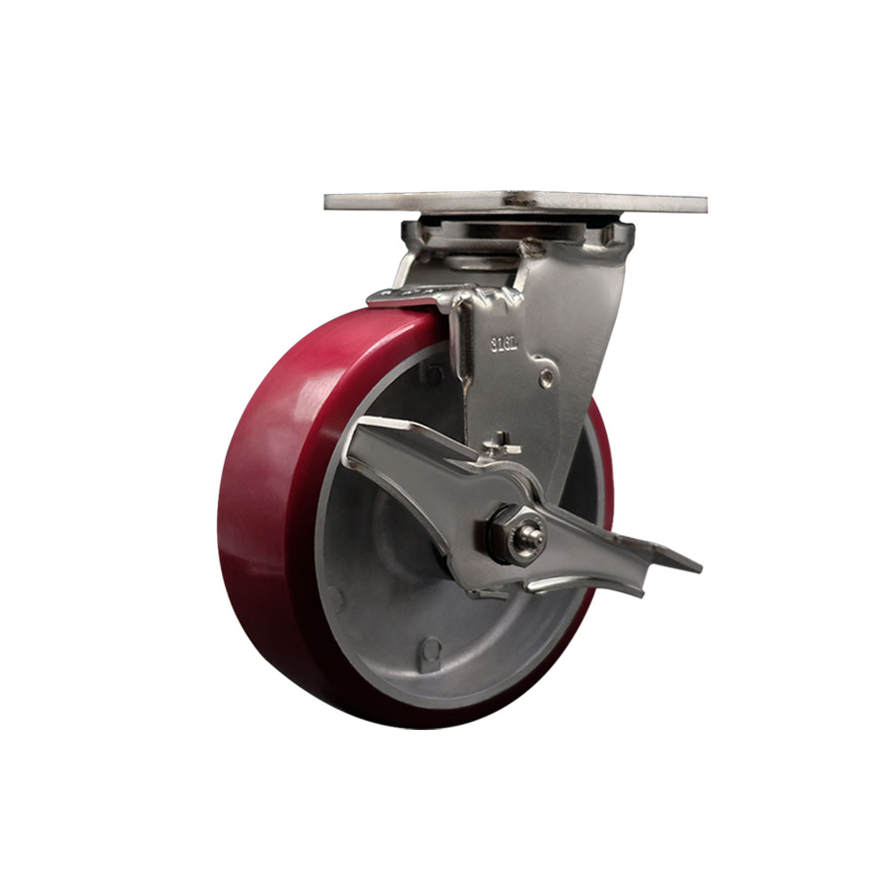 316 Stainless Steel Heavy Duty Swivel Top Plate Caster with Top Lock Brake and 6 Inch Polyurethane on Aluminum Wheel with Delrin Bearings - 1,200 lbs. Capacity/Caster - Service Caster Brand — photo 1
