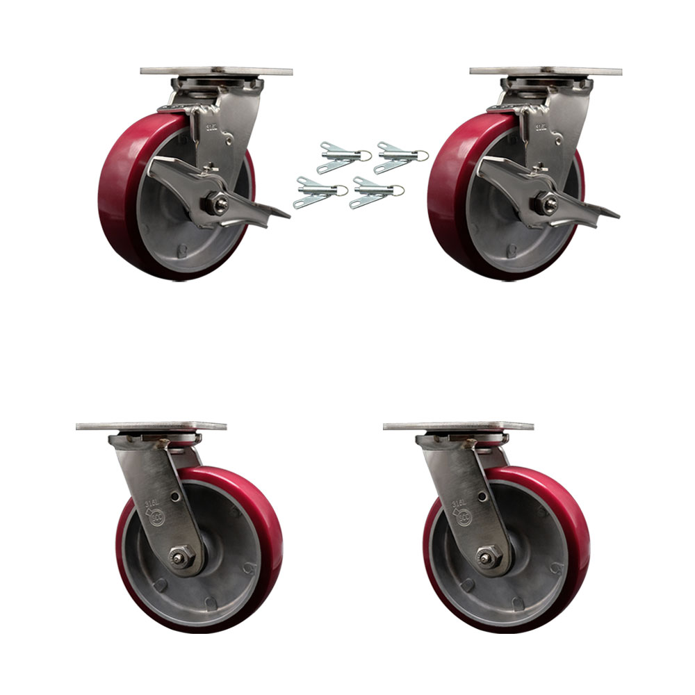 316 Stainless Heavy Duty Swivel Caster Set with 6 Inch Poly on Aluminum Wheels and Ball Bearing-Include 2 Swivel w/Brake and Bolt on Swivel Lock and 2 Swivel w/Bolt on Swivel Lock-Service Caster Brand — photo 1