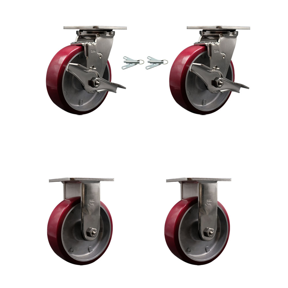 316 Stainless Steel Heavy Duty Swivel Caster Set with 6 Inch Polyurethane on Aluminum Wheels and Delrin Bearings-Includes 2 Swivel with Brakes and Bolt on Swivel Locks and 2 Rigid-Service Caster Brand — photo 1
