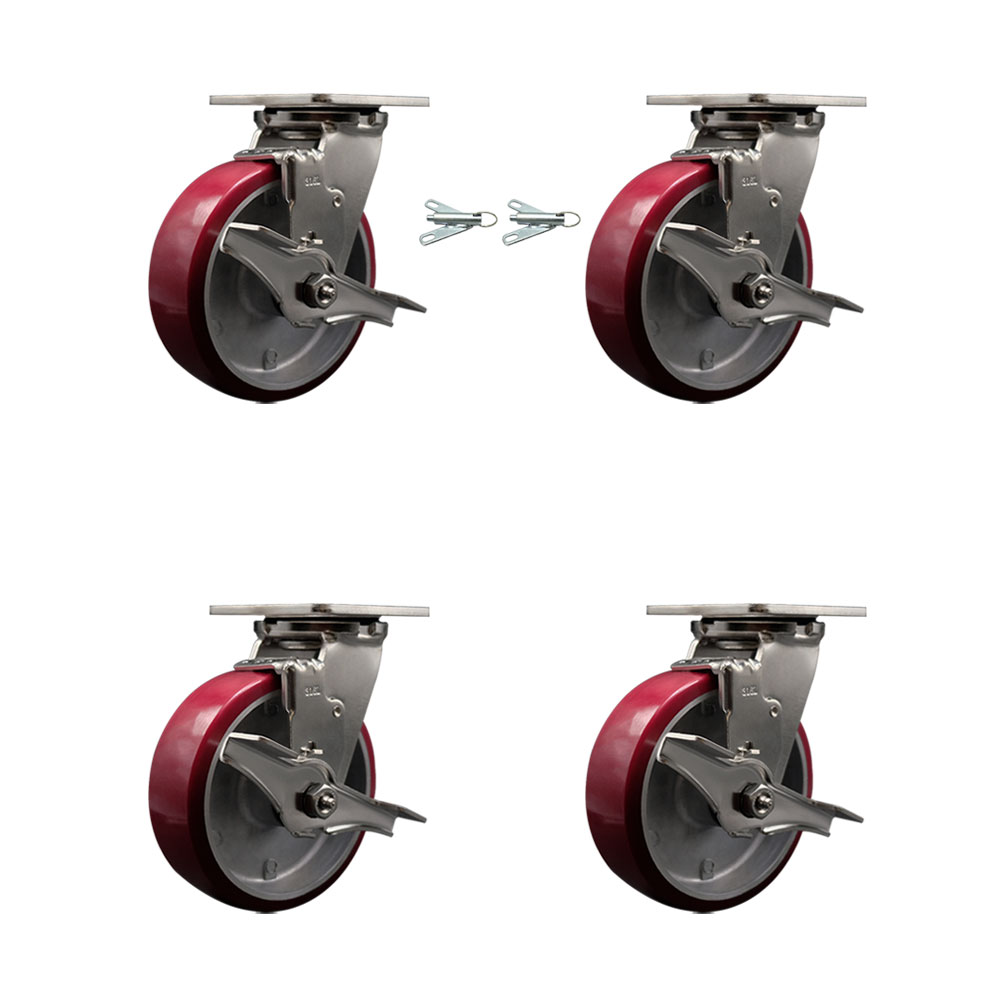 316 Stainless Steel Heavy Duty Swivel Caster Set with 6 Inch Polyurethane on Aluminum Wheels and Delrin Bearing-Include 2 Swivel w/Brake & Bolt on Swivel Lock and 2 Swivel w/Brake-Service Caster Brand — photo 1