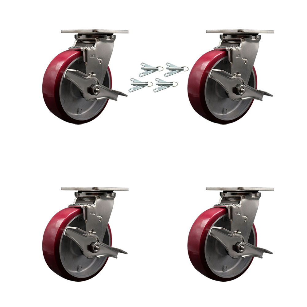 316 Stainless Steel Heavy Duty Swivel Caster Set of 4 with 6 Inch Polyurethane on Aluminum Wheels -Includes 4 Swivel with Top Lock Brakes and Bolt on Swivel Locks - Service Caster Brand — photo 1
