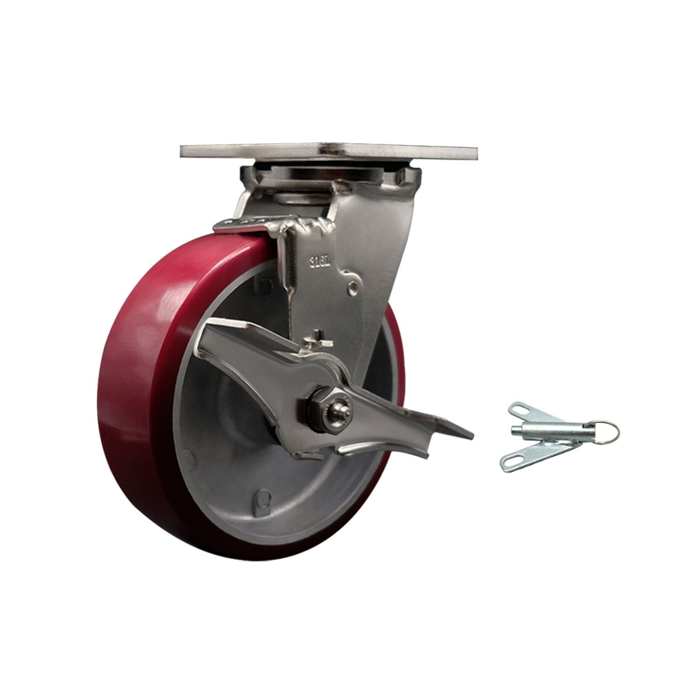 316 Stainless Steel Heavy Duty Swivel Top Plate Caster with Top Lock Brake and Bolt on Swivel Lock and 6 Inch Polyurethane on Aluminum Wheel with Delrin Bearings - Service Caster Brand — photo 1