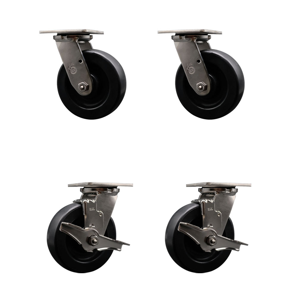 316 Stainless Steel Heavy Duty Swivel Caster Set of 4 with 6 Inch Polyolefin Wheels - Includes 2 Swivel with Brakes and 2 Swivel - 2,800 lbs. Total Capacity - Service Caster Brand — photo 1