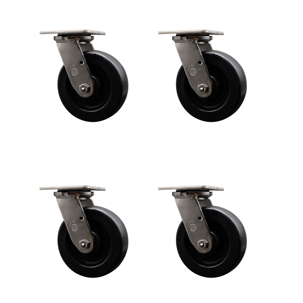 316 Stainless Steel Heavy Duty Swivel Caster Set of 4 with 6 Inch Polyolefin Wheels and Delrin Bearings - Includes 4 Swivel - 2,800 lbs. Total Capacity - Service Caster Brand — photo 1