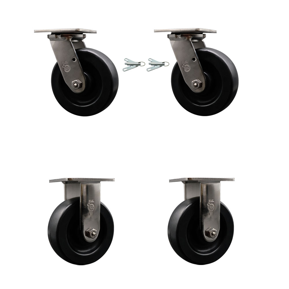 316 Stainless Steel Heavy Duty Swivel Caster Set of 4 with 6 Inch Polyolefin Wheels - Includes 2 Swivel with Bolt on Swivel Locks and 2 Rigid - 2,800 lbs. Total Capacity - Service Caster Brand — photo 1