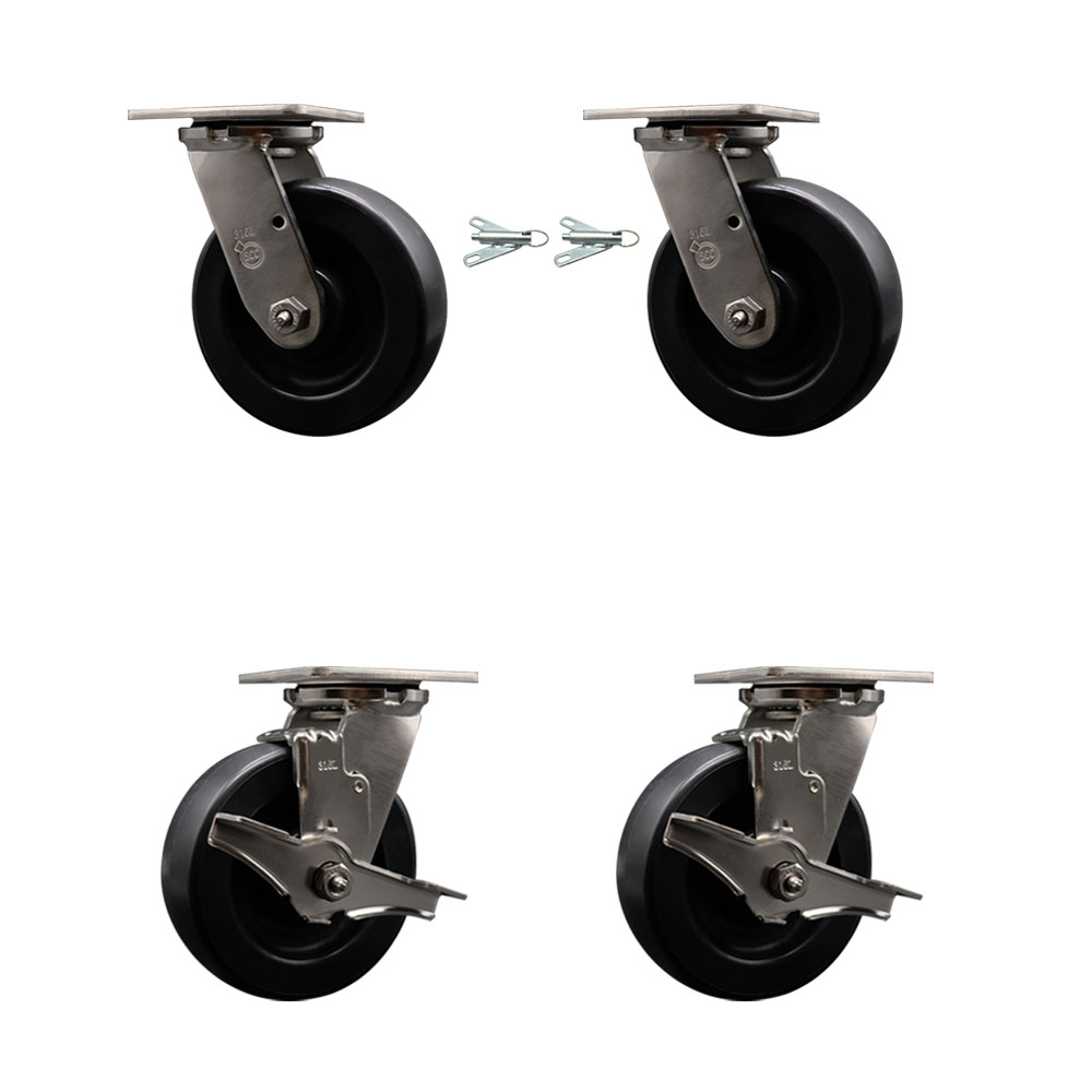 316 Stainless Steel Heavy Duty Swivel Caster Set with 6 Inch Polyolefin Wheels - Includes 2 Swivel with Bolt on Swivel Locks and 2 Swivel with Brakes - 2,800 lbs. Total Capacity - Service Caster Brand — photo 1