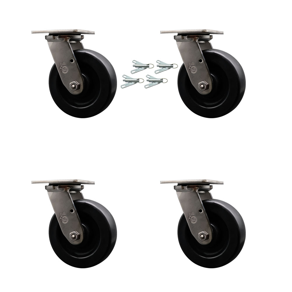 316 Stainless Steel Heavy Duty Swivel Caster Set of 4 with 6 Inch Polyolefin Wheels and Ball Bearings - Includes 4 Swivel with Bolt on Swivel Locks - Service Caster Brand — photo 1