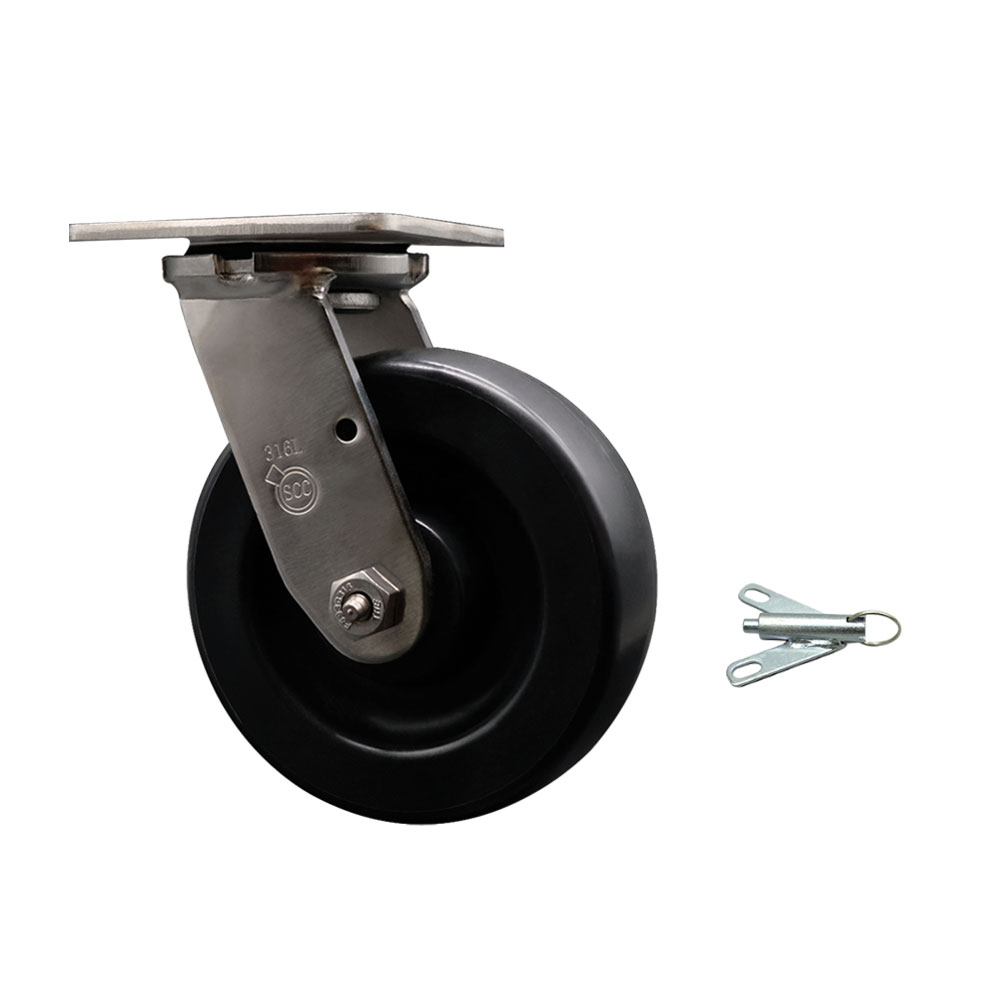 316 Stainless Steel Heavy Duty Swivel Top Plate Caster with Bolt on Swivel Lock and 6 Inch Polyolefin Wheel - 700 lbs. Capacity/Caster - Service Caster Brand — photo 1