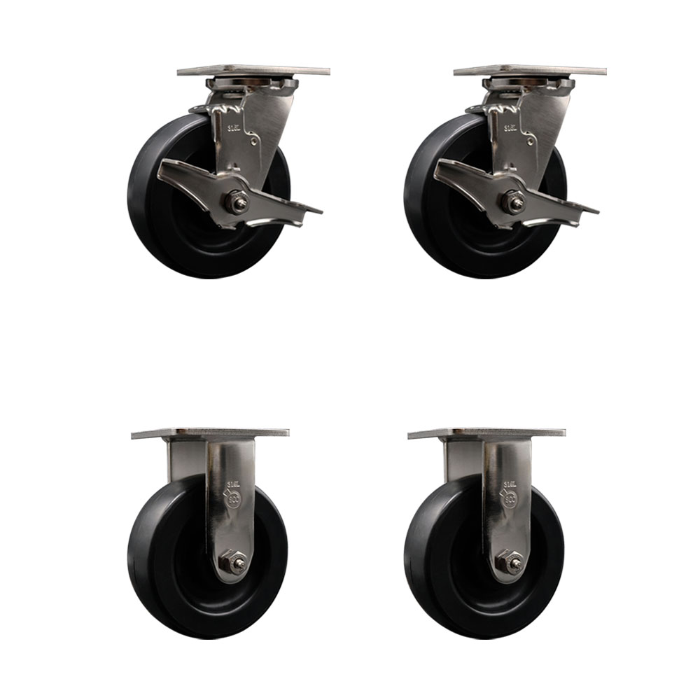 316 Stainless Steel Heavy Duty Swivel Caster Set of 4 with 6 Inch Polyolefin Wheels and Delrin Bearings - Includes 2 Swivel with Brakes and 2 Rigid - Service Caster Brand — photo 1