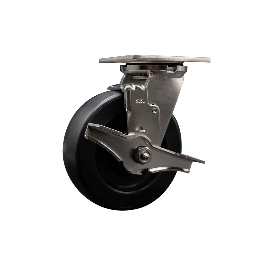 316 Stainless Steel Heavy Duty Swivel Top Plate Caster with Top Lock Brake and 6 Inch Polyolefin Wheel with Delrin Bearings - 700 lbs. Capacity/Caster - Service Caster Brand — photo 1