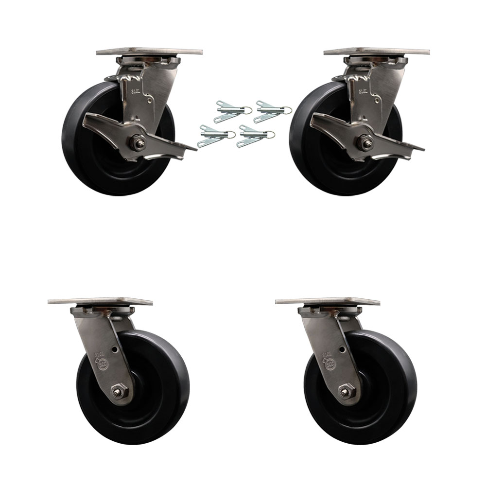 316 Stainless Heavy Duty Swivel Caster Set with 6 Inch Polyolefin Wheels and Delrin Bearings - Include 2 Swivel w/Brakes and Bolt on Swivel Lock and 2 Swivel w/Bolt on Swivel Lock-Service Caster Brand — photo 1