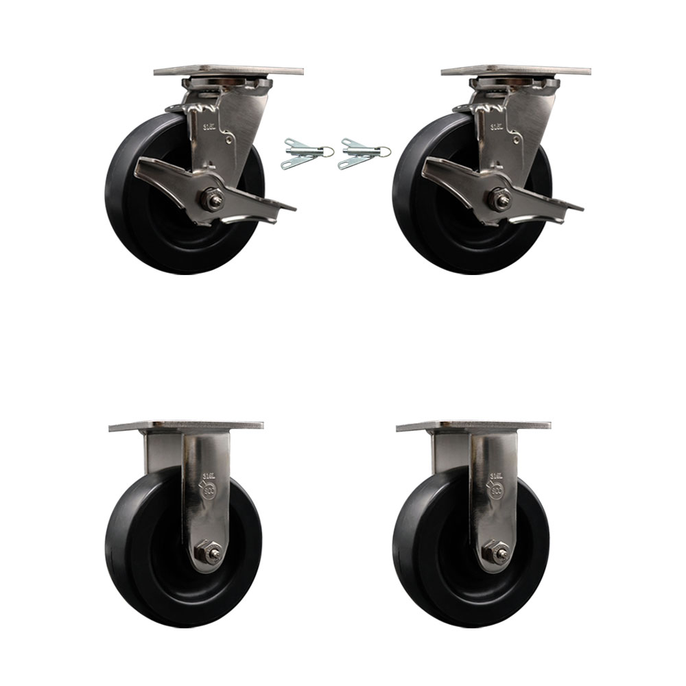 316 Stainless Steel Heavy Duty Swivel Caster Set with 6 Inch Polyolefin Wheels and Delrin Bearings - Includes 2 Swivel with Brakes and Bolt on Swivel Locks and 2 Rigid - Service Caster Brand — photo 1