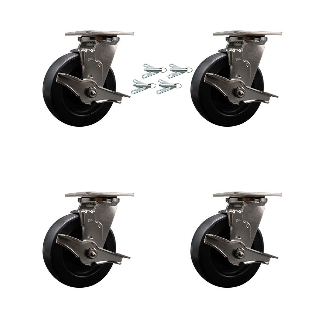 316 Stainless Steel Heavy Duty Swivel Caster Set of 4 with 6 Inch Polyolefin Wheels and Delrin Bearings - Includes 4 Swivel with Top Lock Brakes and Bolt on Swivel Locks - Service Caster Brand — photo 1