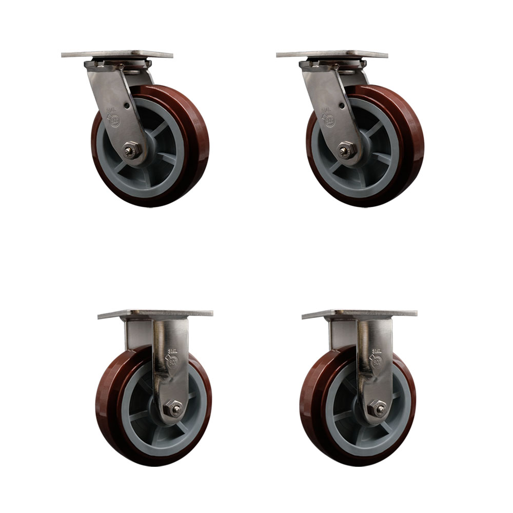 316 Stainless Steel Heavy Duty Swivel Caster Set of 4 with 6 Inch Polyurethane Wheels - Includes 2 Swivel and 2 Rigid - 3,600 lbs. Total Capacity - Service Caster Brand — photo 1