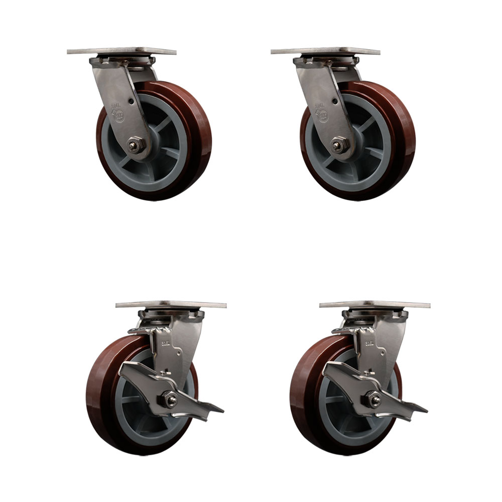 316 Stainless Steel Heavy Duty Swivel Caster Set of 4 with 6 Inch Polyurethane Wheels - Includes 2 Swivel with Brakes and 2 Swivel - 3,600 lbs. Total Capacity - Service Caster Brand — photo 1