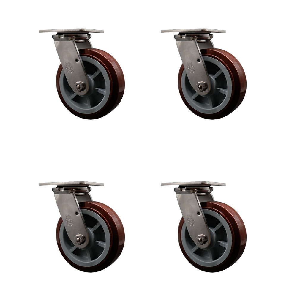 316 Stainless Steel Heavy Duty Swivel Caster Set of 4 with 6 Inch Polyurethane Wheels and Delrin Bearings - Includes 4 Swivel - 3,600 lbs. Total Capacity - Service Caster Brand — photo 1