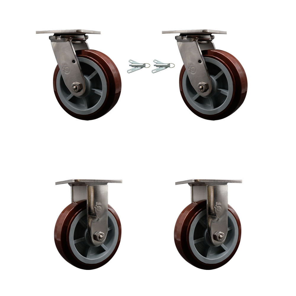 316 Stainless Steel Heavy Duty Swivel Caster Set of 4 with 6 Inch Polyurethane Wheels and Ball Bearings - Includes 2 Swivel with Bolt on Swivel Locks and 2 Rigid - Service Caster Brand — photo 1