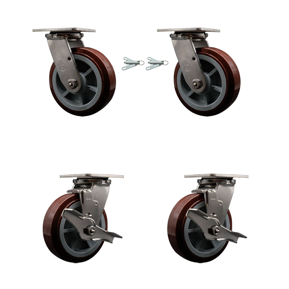 316 Stainless Steel Heavy Duty Swivel Caster Set with 6 Inch Polyurethane Wheels and Delrin Bearings - Includes 2 Swivel with Bolt on Swivel Locks and 2 Swivel with Brakes - Service Caster Brand — photo 1