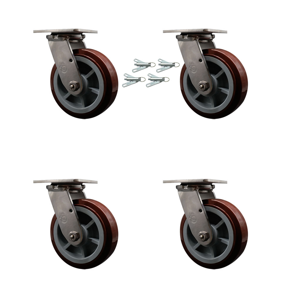 316 Stainless Steel Heavy Duty Swivel Caster Set of 4 with 6 Inch Polyurethane Wheels - Includes 4 Swivel with Bolt on Swivel Locks - 3,600 lbs. Total Capacity - Service Caster Brand — photo 1