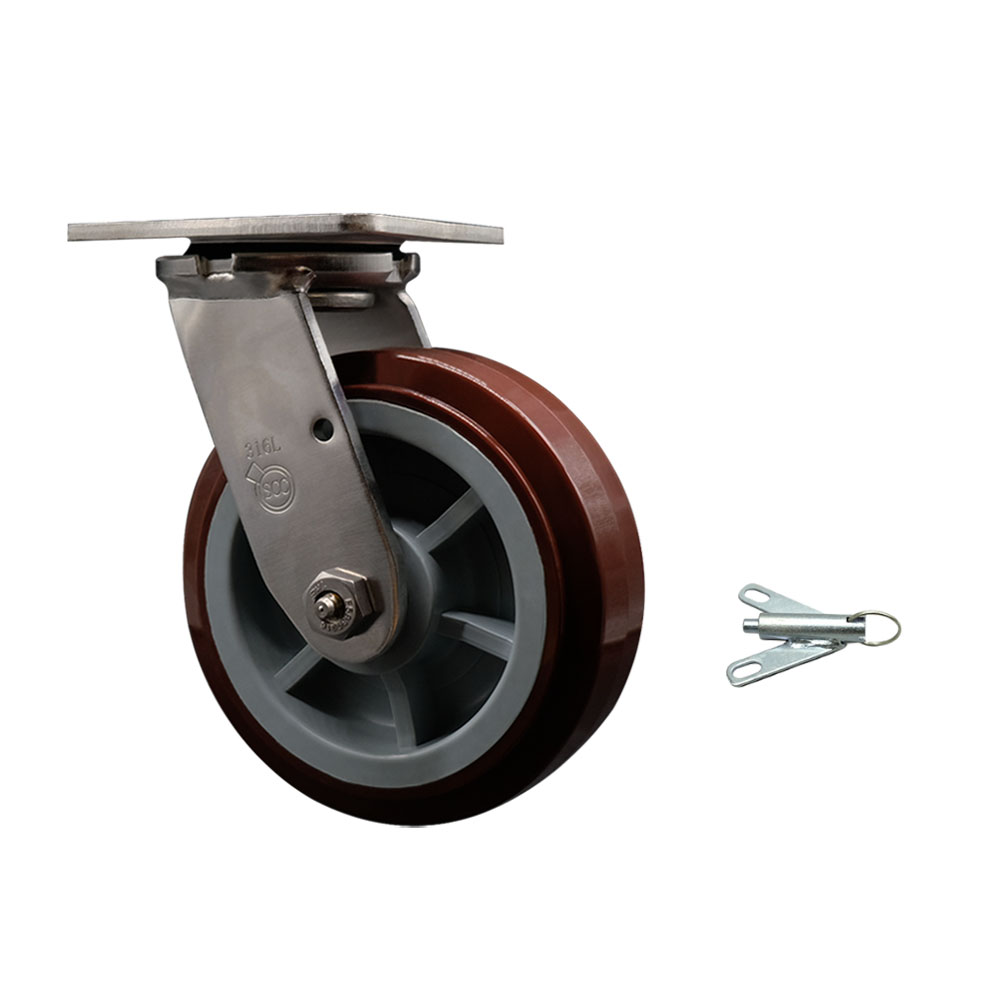 316 Stainless Steel Heavy Duty Swivel Top Plate Caster with Bolt on Swivel Lock and 6 Inch Polyurethane Wheel - 900 lbs. Capacity/Caster - Service Caster Brand — photo 1