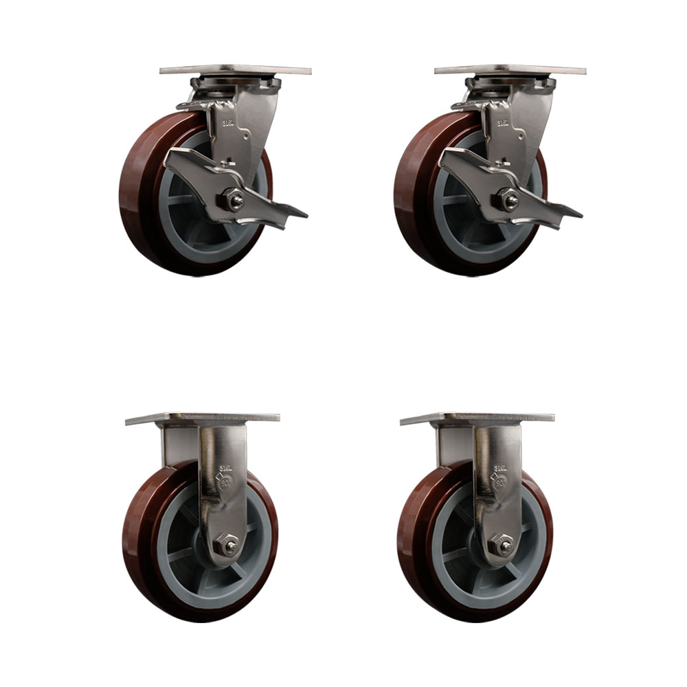 316 Stainless Steel Heavy Duty Swivel Caster Set of 4 with 6 Inch Polyurethane Wheels and Delrin Bearings - Includes 2 Swivel with Brakes and 2 Rigid - 3,600 lbs. Total Capacity - Service Caster Brand — photo 1