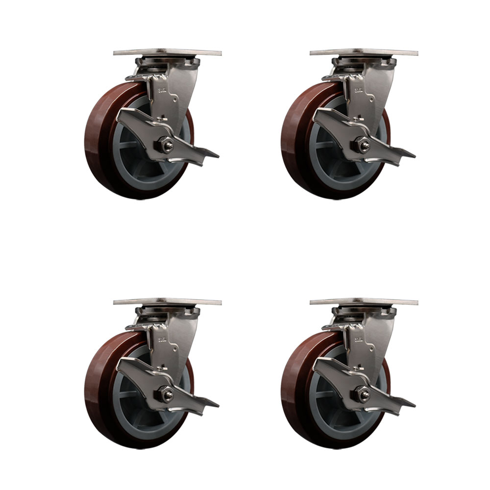 316 Stainless Steel Heavy Duty Swivel Caster Set of 4 with 6 Inch Polyurethane Wheels and Ball Bearings - Includes 4 Swivel with Top Lock Brakes - 3,600 lbs. Total Capacity - Service Caster Brand — photo 1