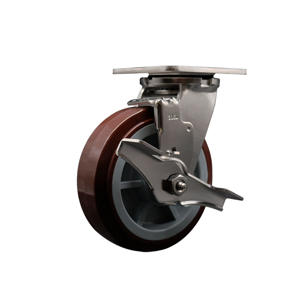 316 Stainless Steel Heavy Duty Swivel Top Plate Caster with Top Lock Brake and 6 Inch Polyurethane Wheel with Delrin Bearings - 900 lbs. Capacity/Caster - Service Caster Brand — photo 1