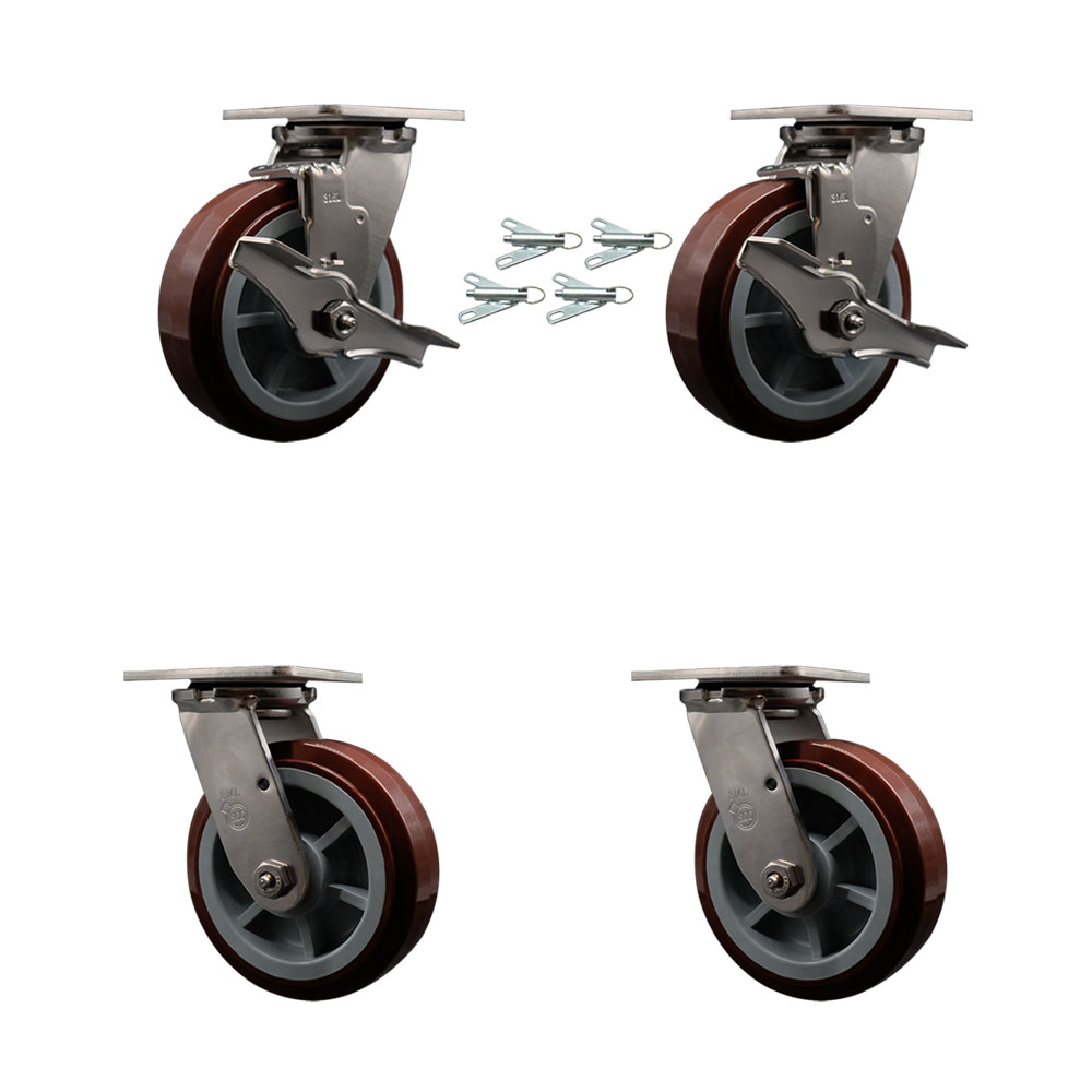 316 Stainless Heavy Duty Swivel Caster Set with 6 Inch Polyurethane Wheels and Delrin Bearings-Include 2 Swivel w/Brakes and Bolt on Swivel Lock and 2 Swivel w/Bolt on Swivel Lock-Service Caster Brand — photo 1