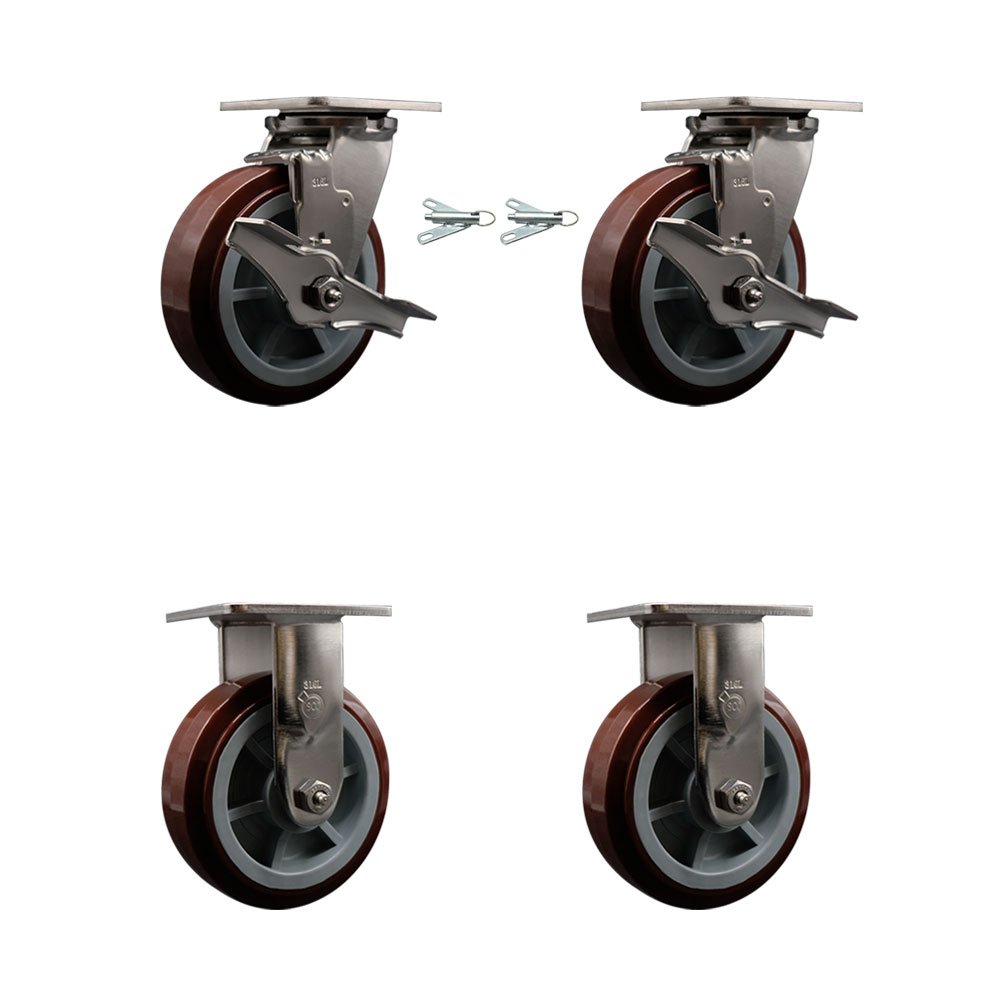 316 Stainless Steel Heavy Duty Swivel Caster Set with 6 Inch Polyurethane Wheels - Includes 2 Swivel with Brakes and Bolt on Swivel Locks and 2 Rigid - 3,600 lbs. Total Capacity - Service Caster Brand — photo 1