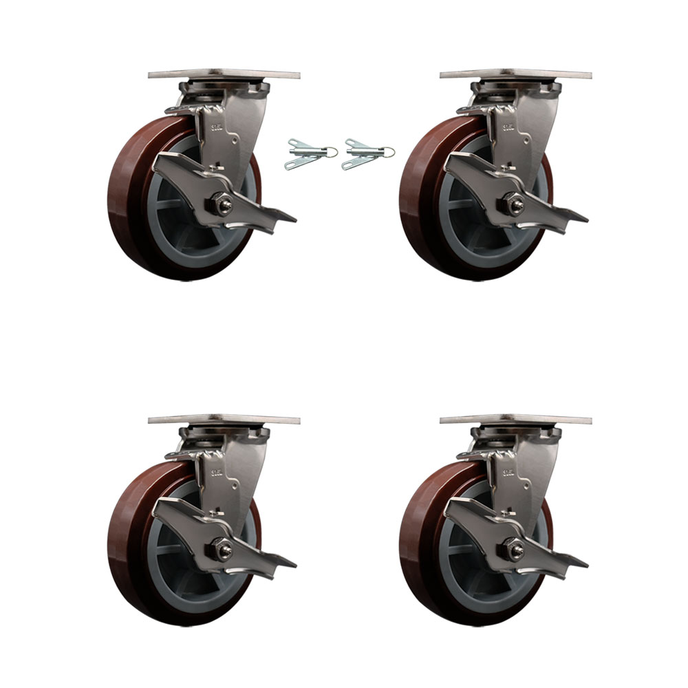 316 Stainless Steel Heavy Duty Swivel Caster Set with 6 Inch Polyurethane Wheels - Includes 2 Swivel with Brakes and Bolt on Swivel Locks and 2 Swivel with Brakes - Service Caster Brand — photo 1