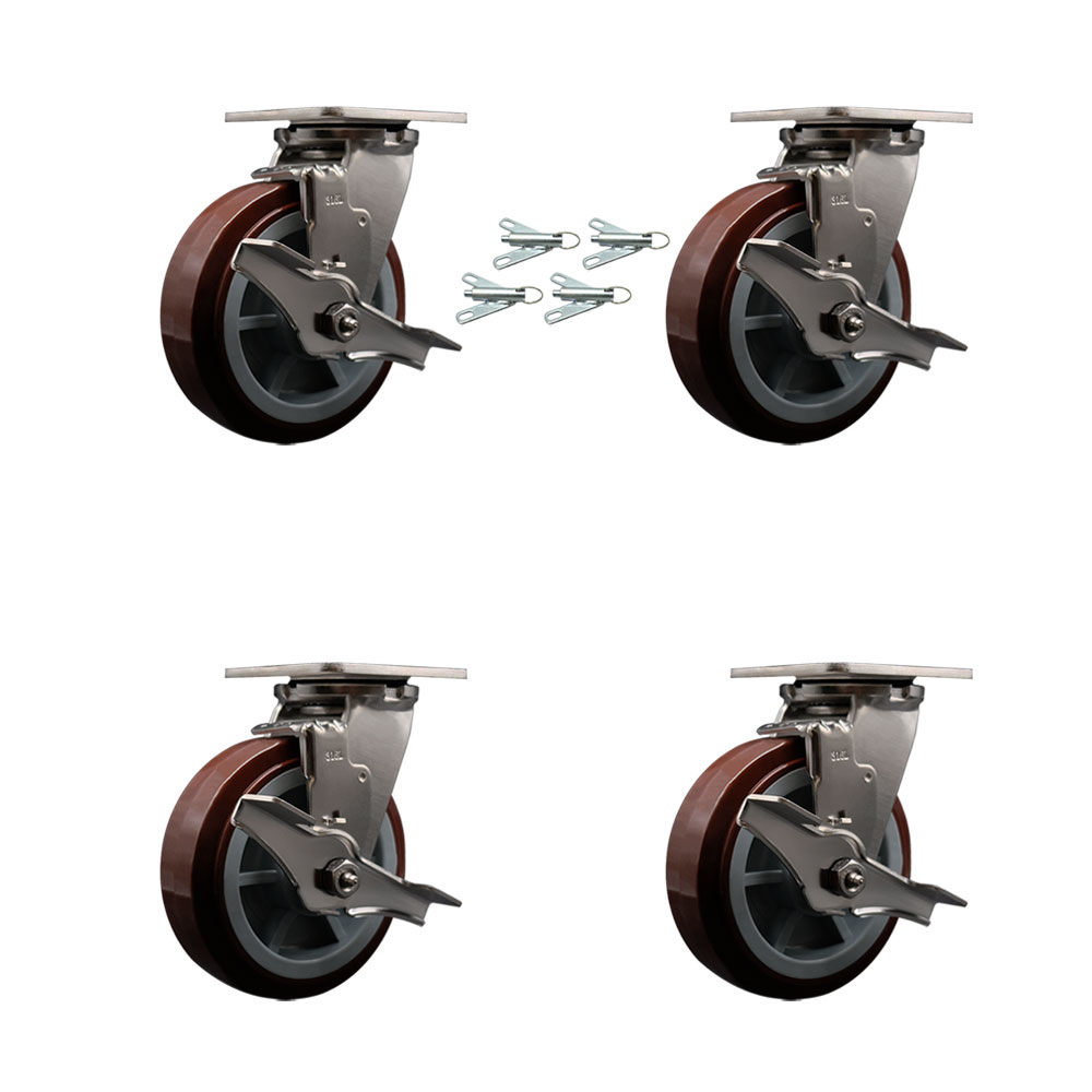 316 Stainless Steel Heavy Duty Swivel Caster Set of 4 with 6 Inch Polyurethane Wheels - Includes 4 Swivel with Top Lock Brakes and Bolt on Swivel Locks - 3,600 lbs. Total Capacity-Service Caster Brand — photo 1