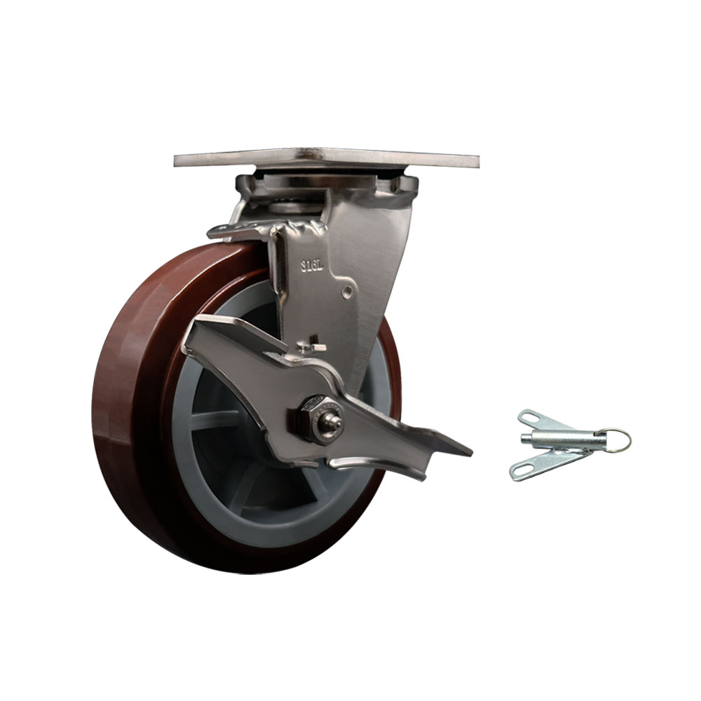 316 Stainless Steel Heavy Duty Swivel Top Plate Caster with Top Lock Brake and Bolt on Swivel Lock and 6 Inch Polyurethane Wheel with Ball Bearings - 900 lbs. Capacity/Caster - Service Caster Brand — photo 1