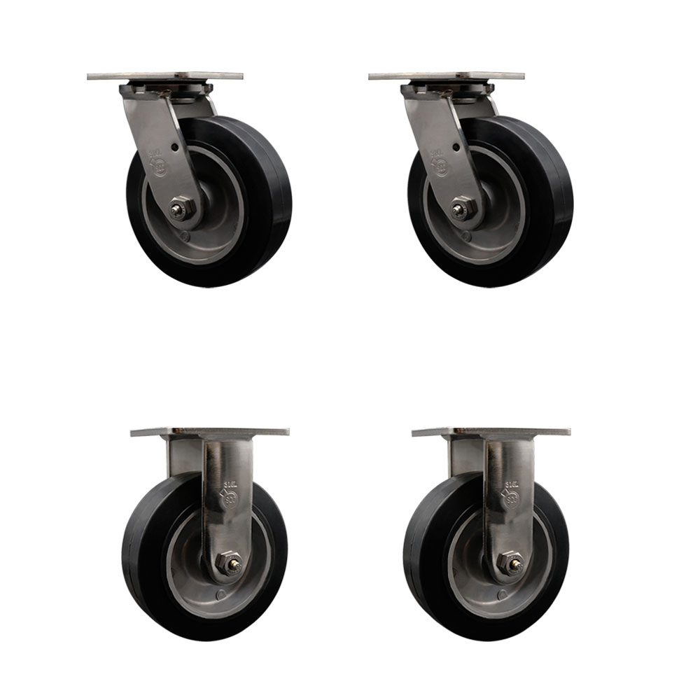 316 Stainless Steel Heavy Duty Swivel Caster Set of 4 with 6 Inch Rubber on Aluminum Wheels and Delrin Bearings - Includes 2 Swivel and 2 Rigid - 2,200 lbs. Total Capacity - Service Caster Brand — photo 1