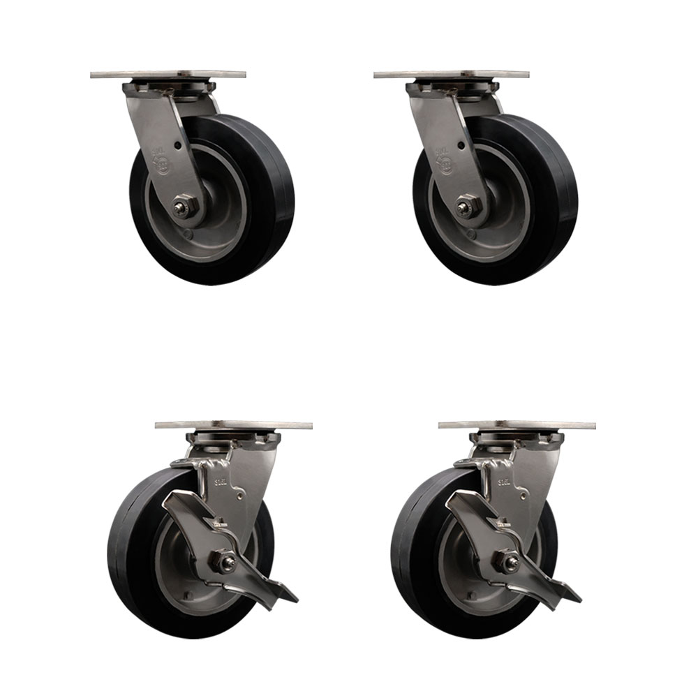 316 Stainless Steel Heavy Duty Swivel Caster Set of 4 with 6 Inch Rubber on Aluminum Wheels and Ball Bearings - Includes 2 Swivel with Brakes and 2 Swivel - Service Caster Brand — photo 1