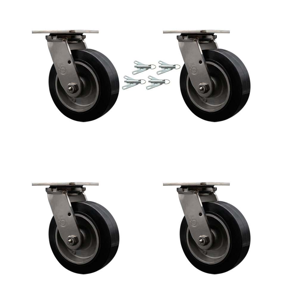 316 Stainless Steel Heavy Duty Swivel Caster Set of 4 with 6 Inch Rubber on Aluminum Wheels and Ball Bearings-Includes 4 Swivel with Bolt on Swivel Locks-2,200 lbs. Total Capacity-Service Caster Brand — photo 1