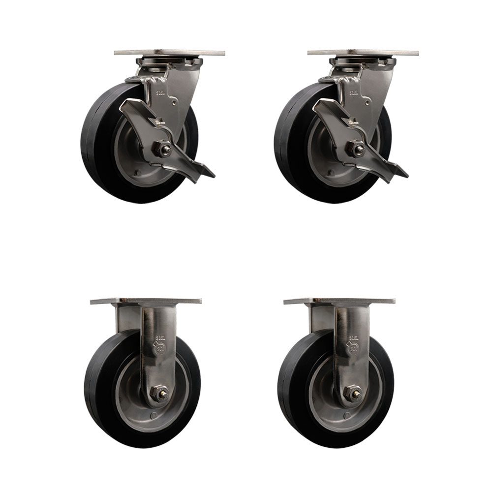 316 Stainless Steel Heavy Duty Swivel Caster Set of 4 with 6 Inch Rubber on Aluminum Wheels and Ball Bearings - Includes 2 Swivel with Brakes and 2 Rigid - Service Caster Brand — photo 1