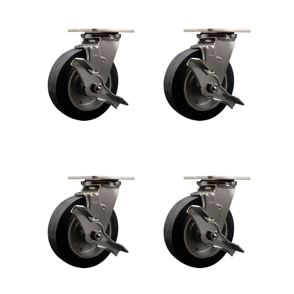 316 Stainless Steel Heavy Duty Swivel Caster Set of 4 with 6 Inch Rubber on Aluminum Wheels and Delrin Bearings - Includes 4 Swivel with Top Lock Brakes -2,200 lbs. Total Capacity-Service Caster Brand — photo 1
