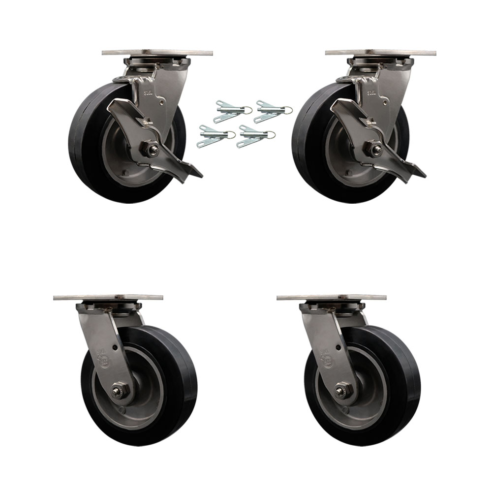 316 Stainless Heavy Duty Swivel Caster Set with 6 Inch Rubber on Aluminum Wheels and Ball Bearing-Include 2 Swivel w/Brake & Bolt on Swivel Lock and 2 Swivel w/Bolt on Swivel Lock-Service Caster Brand — photo 1