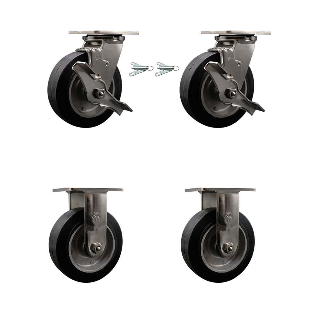 316 Stainless Steel Heavy Duty Swivel Caster Set with 6 Inch Rubber on Aluminum Wheels and Delrin Bearings - Includes 2 Swivel with Brakes and Bolt on Swivel Locks and 2 Rigid - Service Caster Brand — photo 1