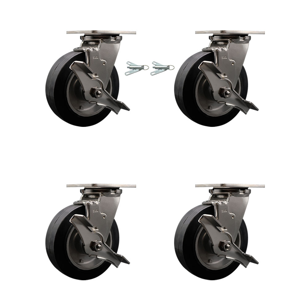 316 Stainless Steel Heavy Duty Swivel Caster Set with 6 Inch Rubber on Aluminum Wheels and Ball Bearing - Includes 2 Swivel w/Brake and Bolt on Swivel Lock and 2 Swivel w/Brakes - Service Caster Brand — photo 1