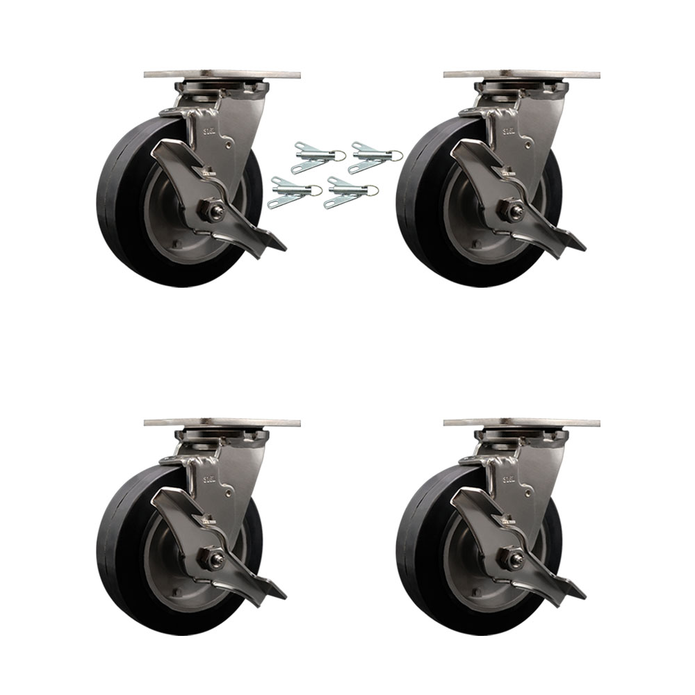 316 Stainless Steel Heavy Duty Swivel Caster Set of 4 with 6 Inch Rubber on Aluminum Wheels and Delrin Bearings - Includes 4 Swivel with Top Lock Brakes and Bolt on Swivel Locks - Service Caster Brand — photo 1