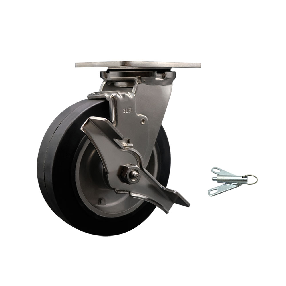 316 Stainless Steel Heavy Duty Swivel Top Plate Caster with Top Lock Brake and Bolt on Swivel Lock and 6 Inch Rubber on Aluminum Wheel with Ball Bearings -550 lbs. Capacity/Caster-Service Caster Brand — photo 1
