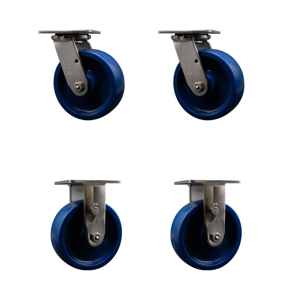 316 Stainless Steel Heavy Duty Swivel Caster Set of 4 with 6 Inch Solid Polyurethane Wheels and Delrin Bearings - Includes 2 Swivel and 2 Rigid - 4,800 lbs. Total Capacity - Service Caster Brand — photo 1