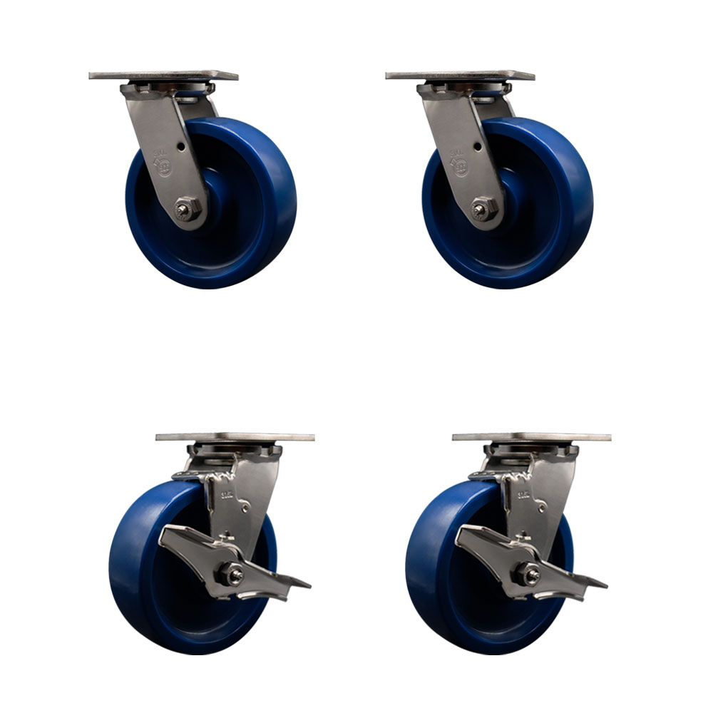 316 Stainless Steel Heavy Duty Swivel Caster Set of 4 with 6 Inch Solid Polyurethane Wheels and Ball Bearings -Includes 2 Swivel with Brakes and 2 Swivel-4,800 lbs. Total Capacity-Service Caster Brand — photo 1