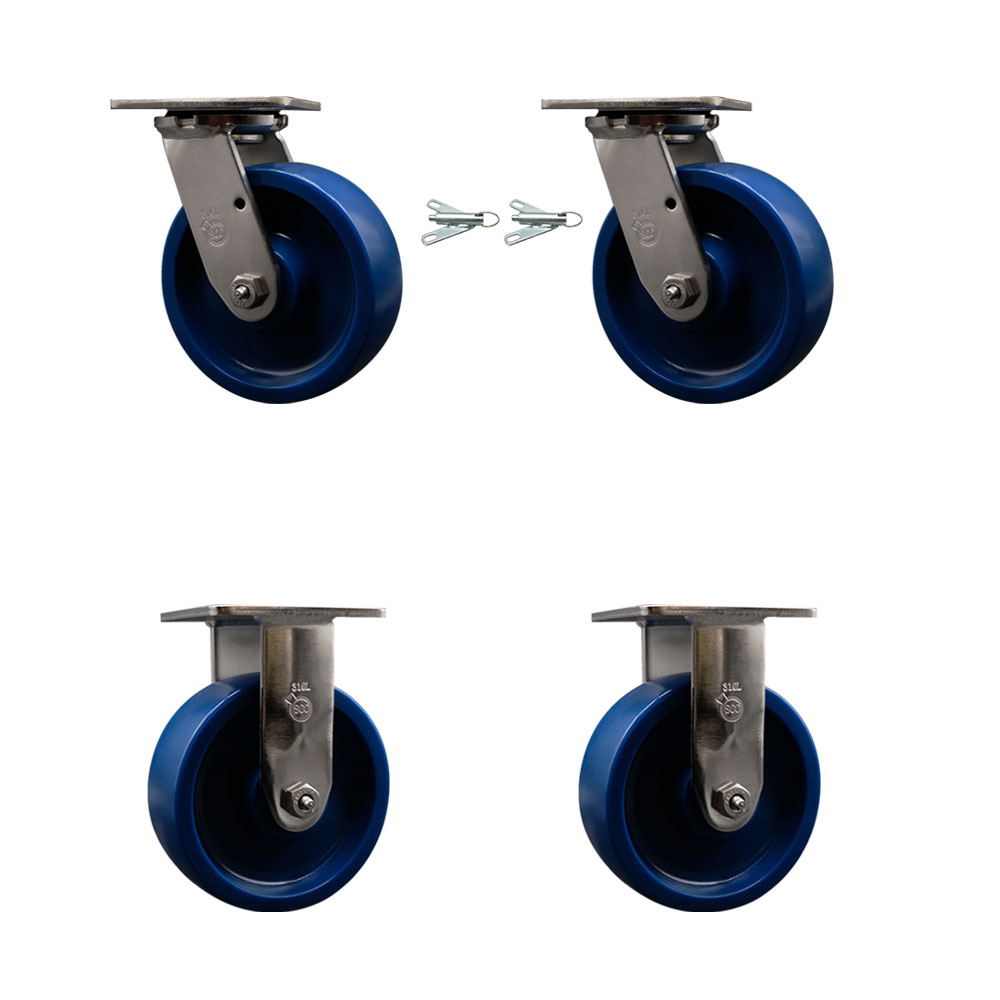 316 Stainless Steel Heavy Duty Swivel Caster Set of 4 with 6 Inch Solid Polyurethane Wheels and Ball Bearings - Includes 2 Swivel with Bolt on Swivel Locks and 2 Rigid - Service Caster Brand — photo 1