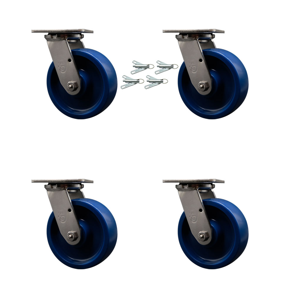 316 Stainless Steel Heavy Duty Swivel Caster Set of 4 with 6 Inch Solid Polyurethane Wheels and Ball Bearings-Includes 4 Swivel with Bolt on Swivel Locks-4,800 lbs. Total Capacity-Service Caster Brand — photo 1