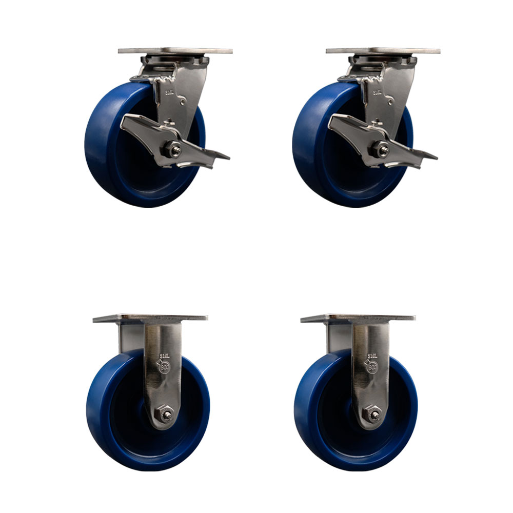 316 Stainless Steel Heavy Duty Swivel Caster Set of 4 with 6 Inch Solid Polyurethane Wheels - Includes 2 Swivel with Brakes and 2 Rigid - 4,800 lbs. Total Capacity - Service Caster Brand — photo 1