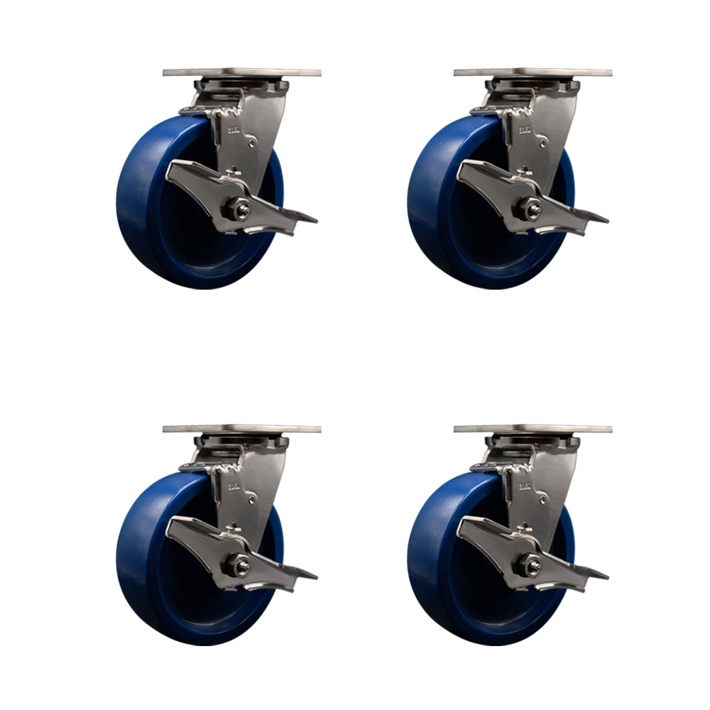 316 Stainless Steel Heavy Duty Swivel Caster Set of 4 with 6 Inch Solid Polyurethane Wheels and Ball Bearings - Includes 4 Swivel with Top Lock Brakes - 4,800 lbs. Total Capacity- Service Caster Brand — photo 1