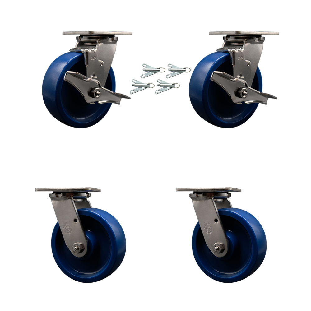 316 Stainless Heavy Duty Swivel Caster Set with 6 Inch Solid Poly Wheels and Delrin Bearings - Includes 2 Swivel w/Brakes&Bolt on Swivel Lock and 2 Swivel w/Bolt on Swivel Locks - Service Caster Brand — photo 1