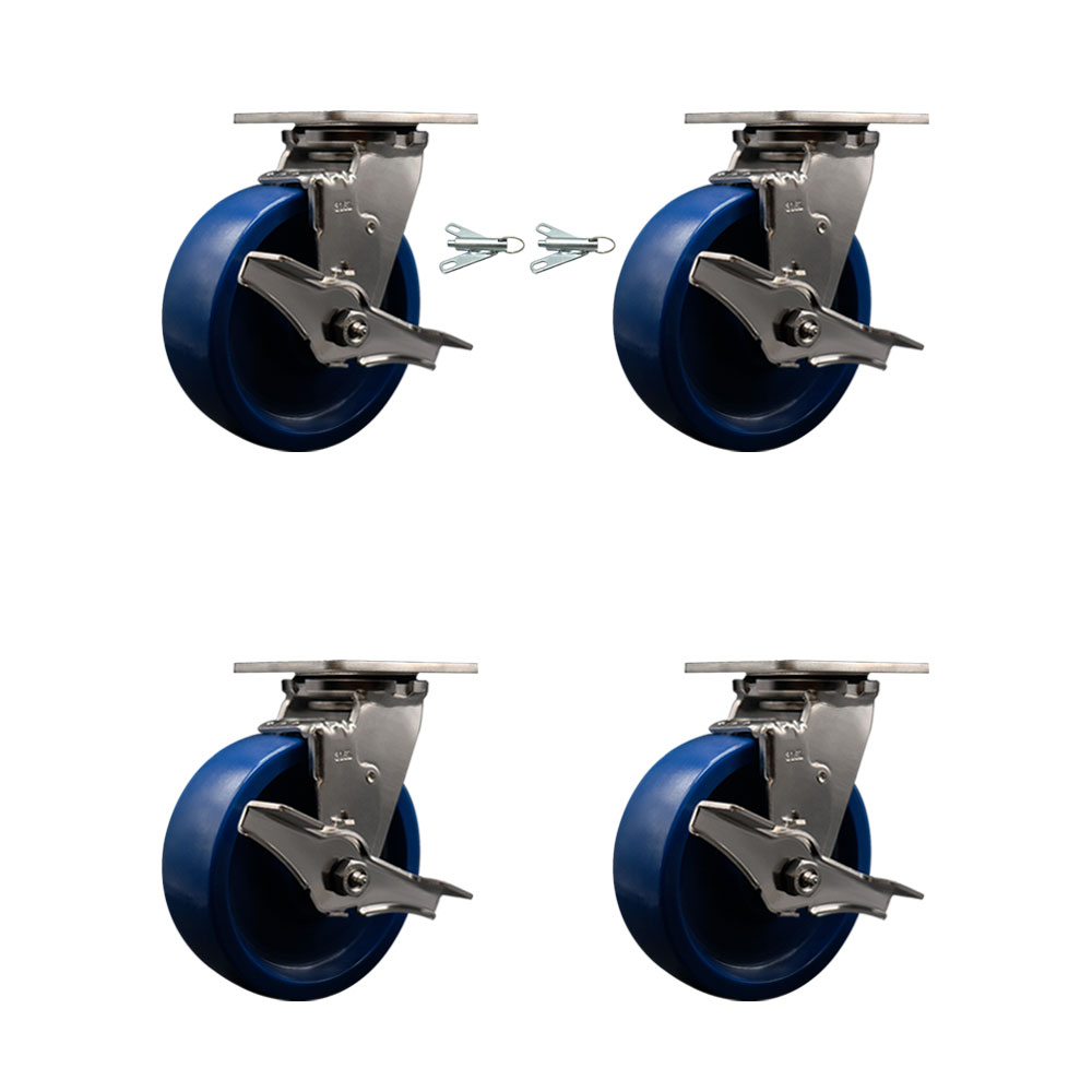 316 Stainless Steel Heavy Duty Swivel Caster Set with 6 Inch Solid Polyurethane Wheels and Ball Bearings- Includes 2 Swivel w/Brakes and Bolt on Swivel Locks and 2 Swivel w/Brakes-Service Caster Brand — photo 1